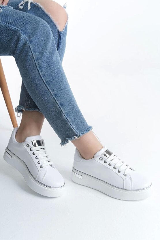Mına Bağcıklı Ortopedik Taban Kadın Sneaker Spor Ayakkabı Cbt - Beyazgümüş