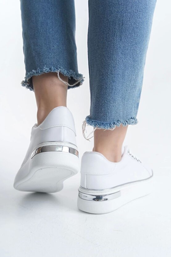 Mına Bağcıklı Ortopedik Taban Kadın Sneaker Spor Ayakkabı Cbt - Beyazgümüş