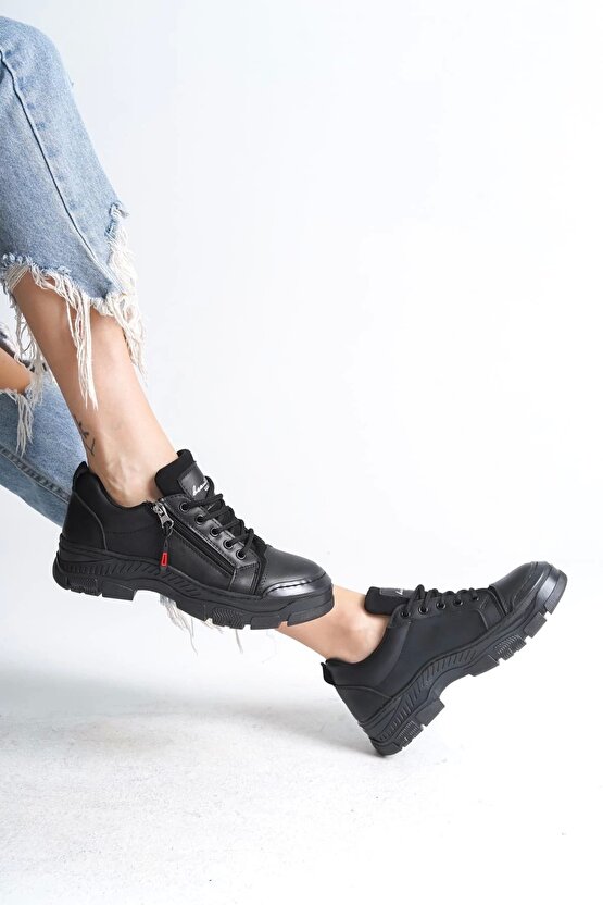 Agatha Bağcıklı Fermuarlı Ortopedik Taban Kadın Sneaker Spor Ayakkabı Cst - Siyah