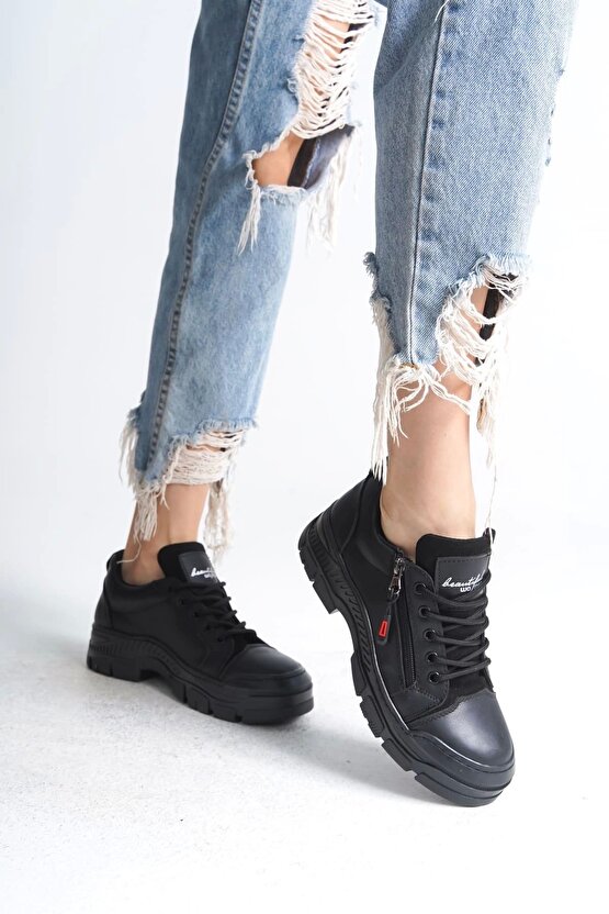 Agatha Bağcıklı Fermuarlı Ortopedik Taban Kadın Sneaker Spor Ayakkabı Cst - Siyah
