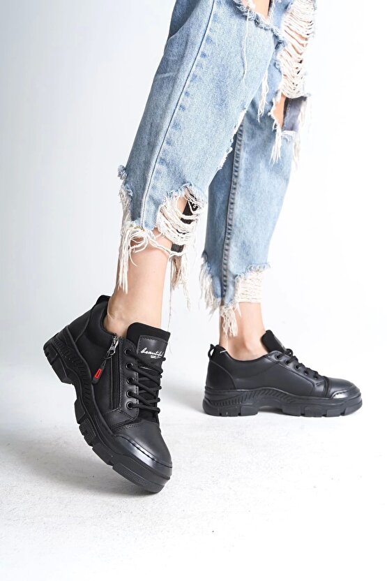Agatha Bağcıklı Fermuarlı Ortopedik Taban Kadın Sneaker Spor Ayakkabı Cst - Siyah