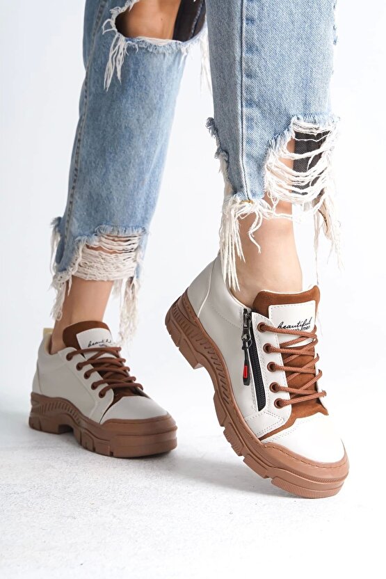 Agatha Bağcıklı Fermuarlı Ortopedik Taban Kadın Sneaker Spor Ayakkabı Ctt - Krem