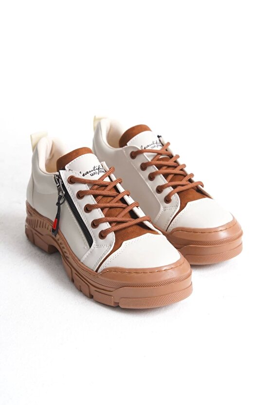 Agatha Bağcıklı Fermuarlı Ortopedik Taban Kadın Sneaker Spor Ayakkabı Ctt - Krem