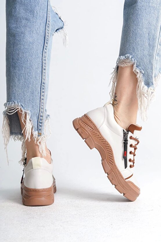 Agatha Bağcıklı Fermuarlı Ortopedik Taban Kadın Sneaker Spor Ayakkabı Ctt - Krem
