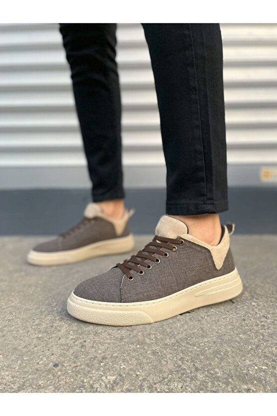 JY204 Flex Bağcıklı Keten Kumaş Erkek Günlük Sneaker Ayakkabı KKT - KahverengiKrem