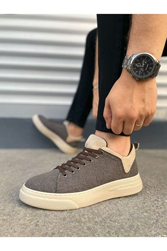 JY204 Flex Bağcıklı Keten Kumaş Erkek Günlük Sneaker Ayakkabı KKT - KahverengiKrem