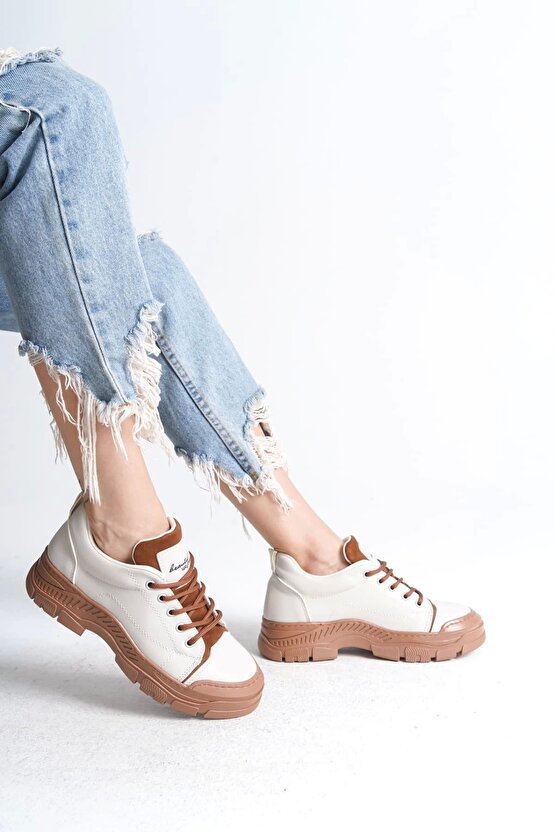 Jane Bağcıklı Ortopedik Taban Kadın Sneaker Spor Ayakkabı Ctt - Krem
