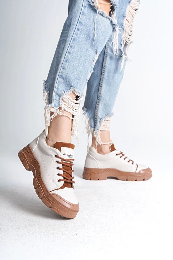 Jane Bağcıklı Ortopedik Taban Kadın Sneaker Spor Ayakkabı Ctt - Krem