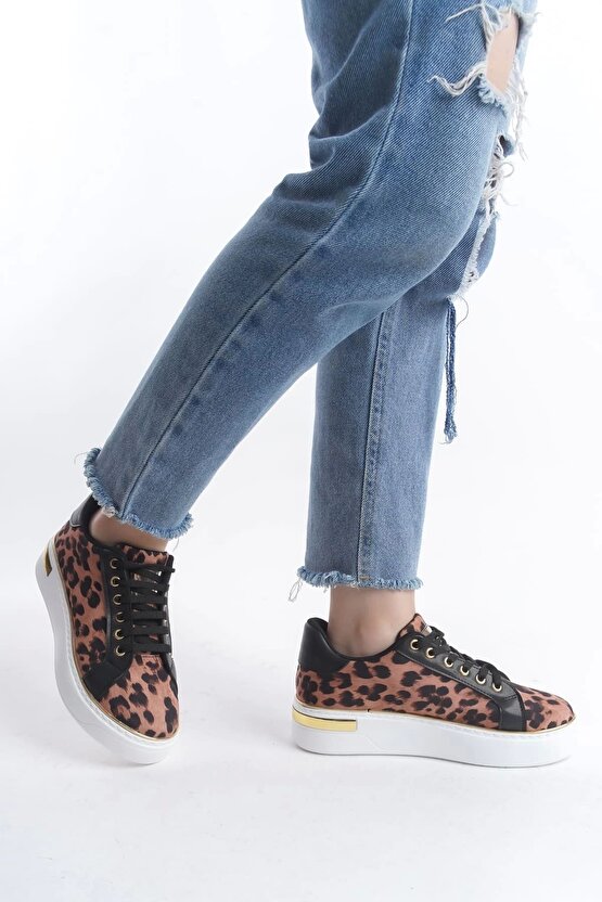 Mına Bağcıklı Ortopedik Taban Leopar Desenli Kadın Sneaker Spor Ayakkabı Tbt - Kahverengi
