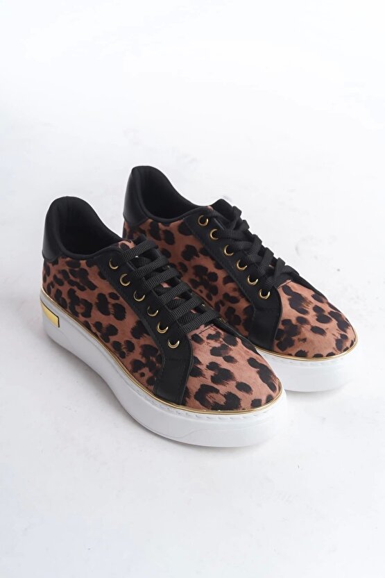 Mına Bağcıklı Ortopedik Taban Leopar Desenli Kadın Sneaker Spor Ayakkabı Tbt - Kahverengi