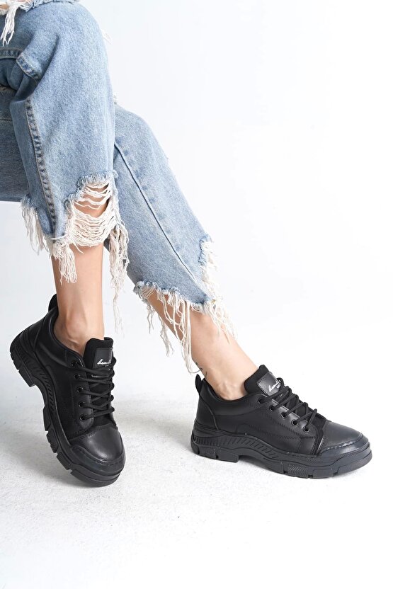 Jane Bağcıklı Ortopedik Taban Kadın Sneaker Spor Ayakkabı Cst - Siyah