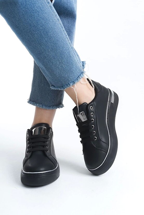 Mına Bağcıklı Ortopedik Taban Kadın Sneaker Spor Ayakkabı Cst - Siyahgümüş