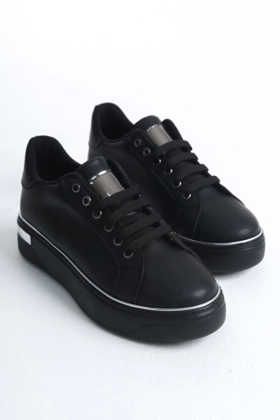 Mına Bağcıklı Ortopedik Taban Kadın Sneaker Spor Ayakkabı Cst - Siyahgümüş