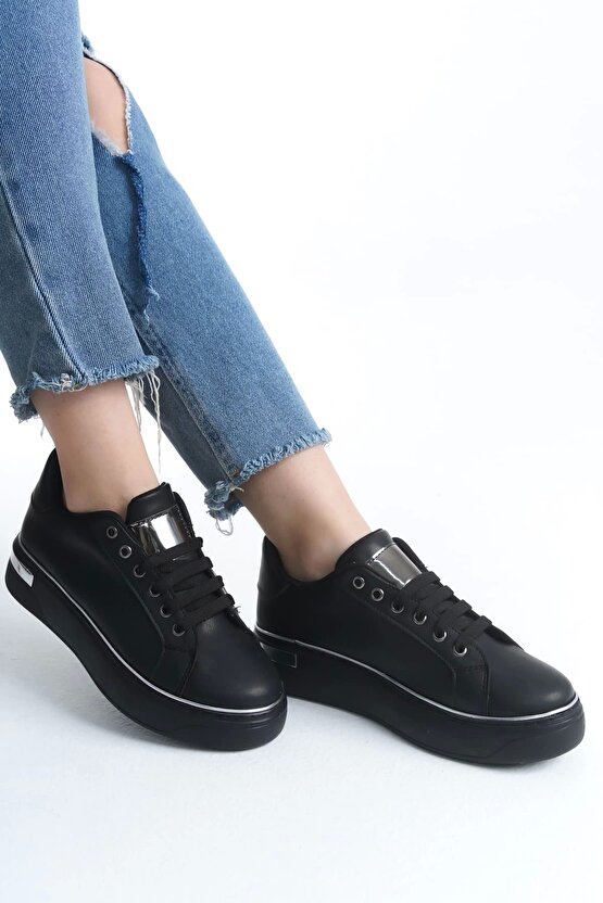 Mına Bağcıklı Ortopedik Taban Kadın Sneaker Spor Ayakkabı Cst - Siyahgümüş