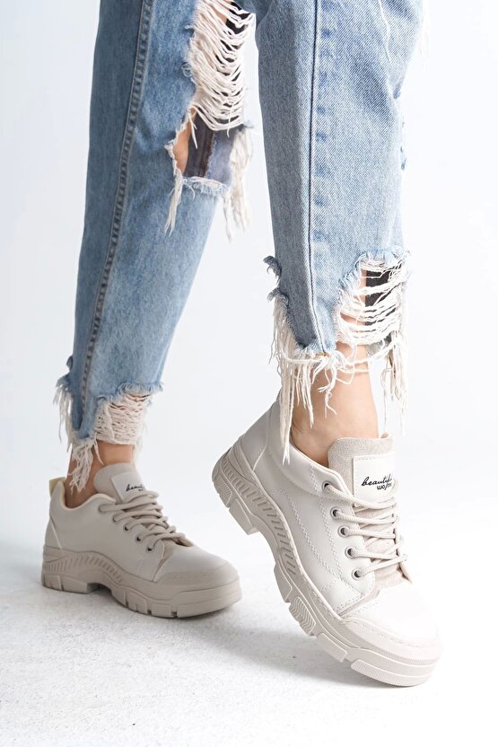 Jane Bağcıklı Ortopedik Taban Kadın Sneaker Spor Ayakkabı Kt - Krem