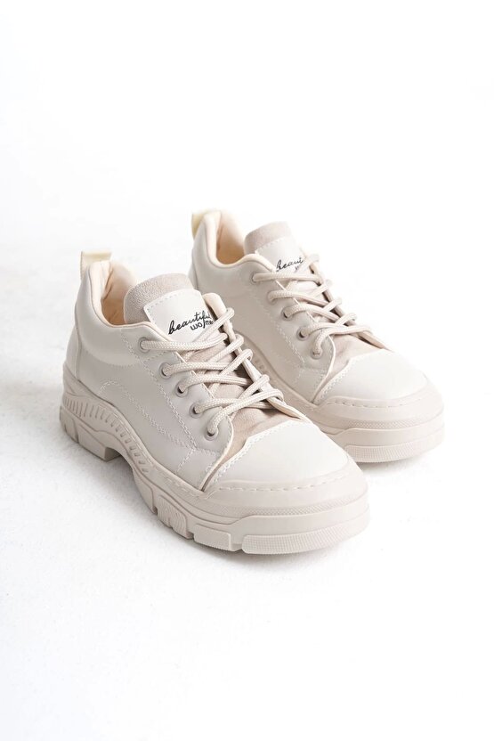 Jane Bağcıklı Ortopedik Taban Kadın Sneaker Spor Ayakkabı Kt - Krem