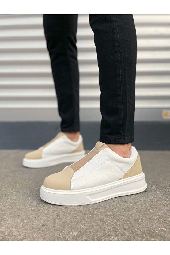 JY007 Alba Bağcıksız Süet Cilt Erkek Günlük Sneaker Ayakkabı SCBT BejBeyaz