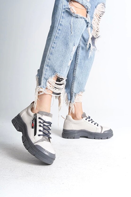 Agatha Bağcıklı Fermuarlı Ortopedik Taban Kadın Sneaker Spor Ayakkabı Cgt - Krem