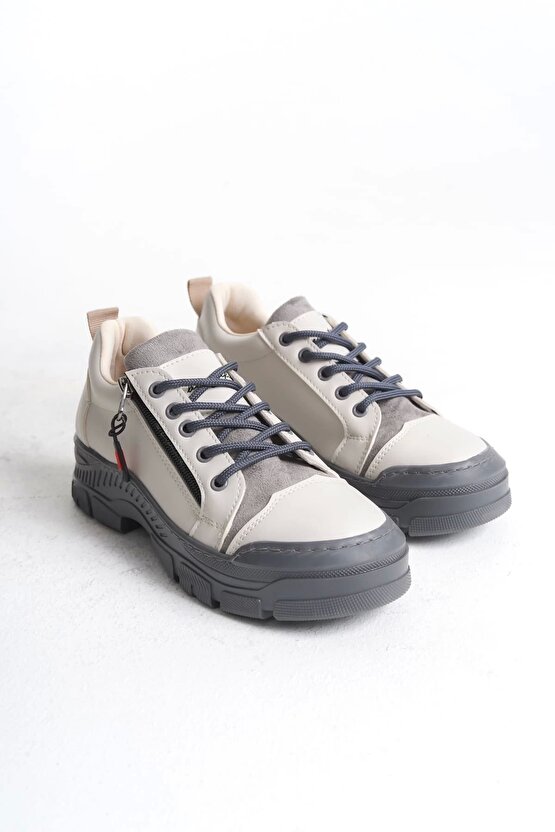 Agatha Bağcıklı Fermuarlı Ortopedik Taban Kadın Sneaker Spor Ayakkabı Cgt - Krem