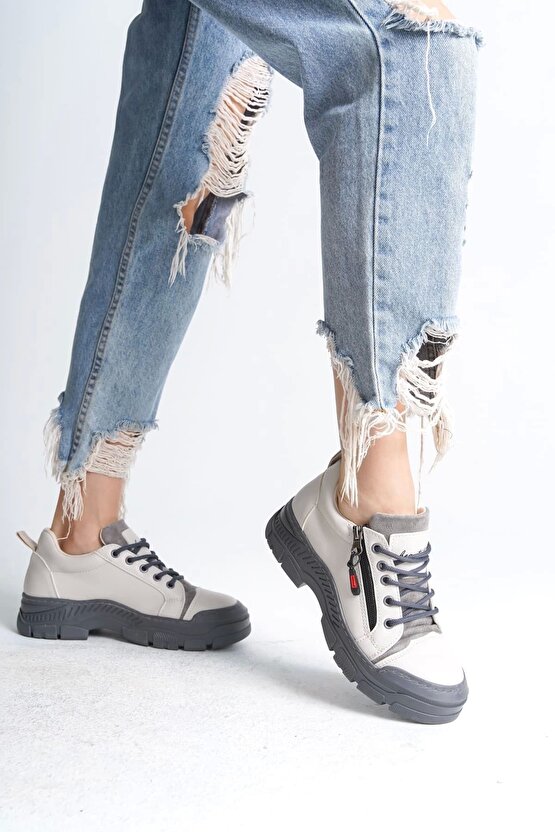 Agatha Bağcıklı Fermuarlı Ortopedik Taban Kadın Sneaker Spor Ayakkabı Cgt - Krem