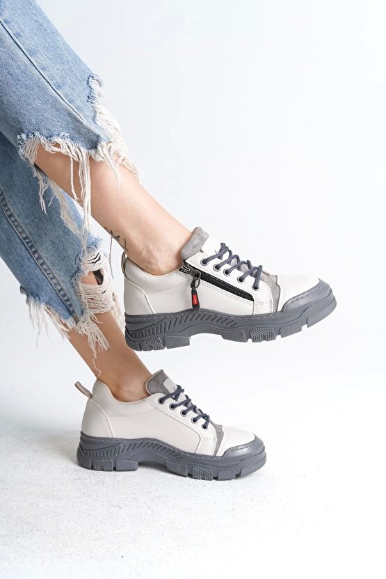 Agatha Bağcıklı Fermuarlı Ortopedik Taban Kadın Sneaker Spor Ayakkabı Cgt - Krem