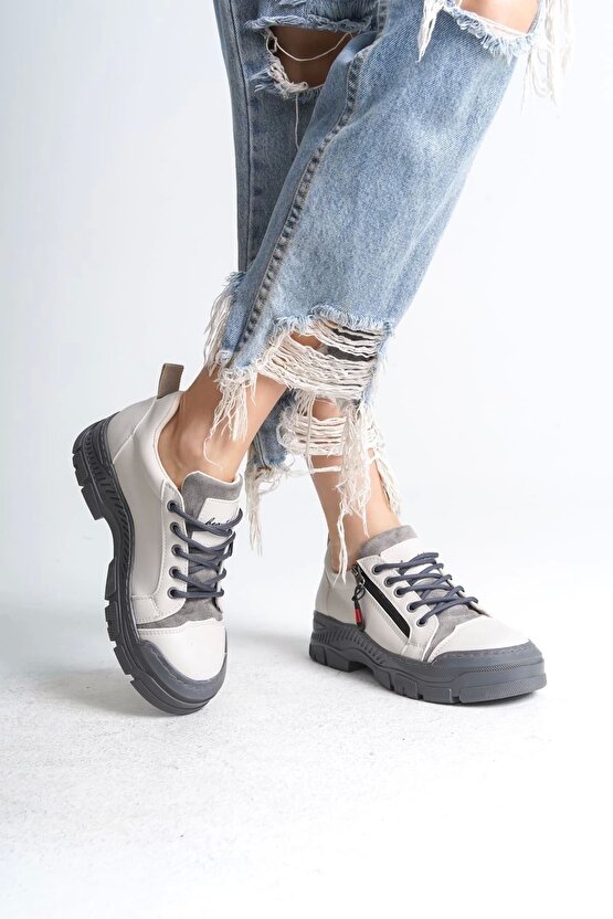 Agatha Bağcıklı Fermuarlı Ortopedik Taban Kadın Sneaker Spor Ayakkabı Cgt - Krem