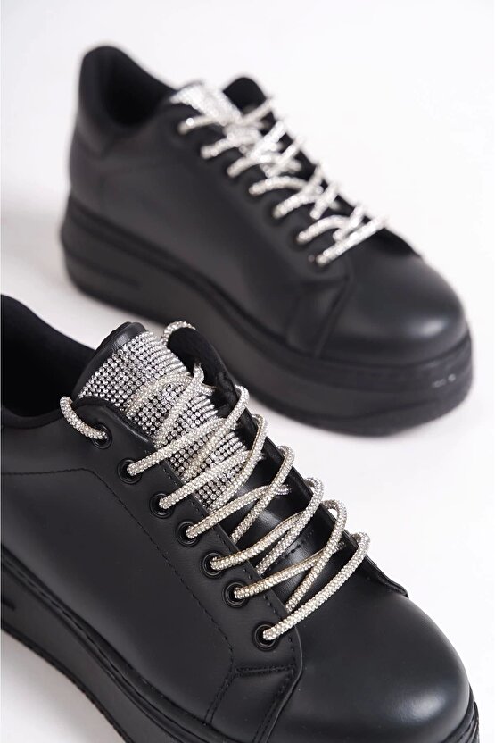 Della Bağcıklı Ortopedik Taban Taşlı Kadın Sneaker Spor Ayakkabı Cst - Siyah
