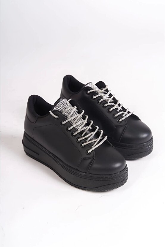 Della Bağcıklı Ortopedik Taban Taşlı Kadın Sneaker Spor Ayakkabı Cst - Siyah