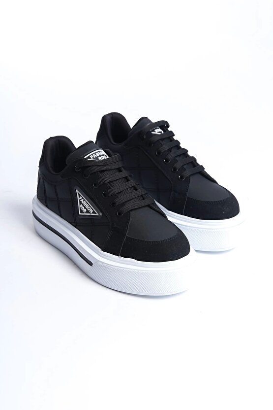 Prag Bağcıklı Ortopedik Taban Desenli Kadın Sneaker Spor Ayakkabı Cbt - Siyah