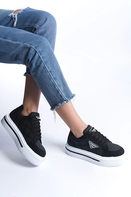 Prag Bağcıklı Ortopedik Taban Desenli Kadın Sneaker Spor Ayakkabı Cbt - Siyah