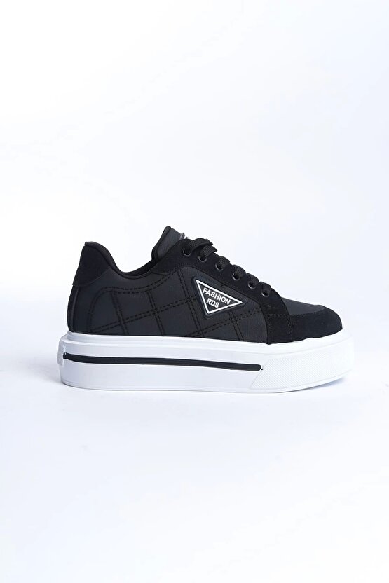 Prag Bağcıklı Ortopedik Taban Desenli Kadın Sneaker Spor Ayakkabı Cbt - Siyah