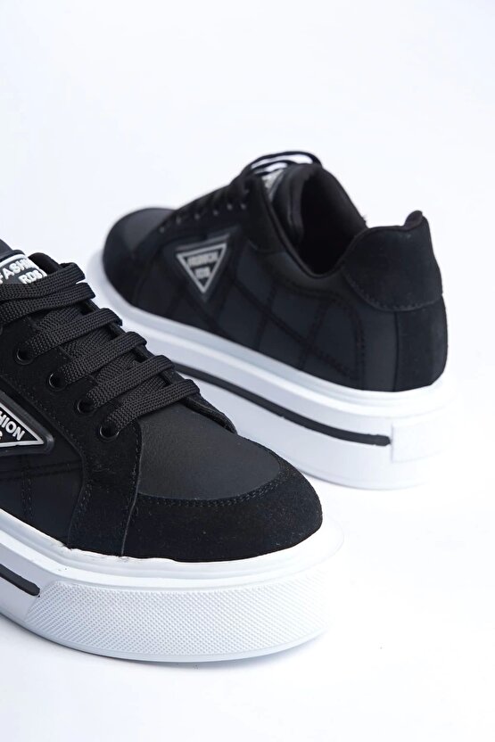 Prag Bağcıklı Ortopedik Taban Desenli Kadın Sneaker Spor Ayakkabı Cbt - Siyah