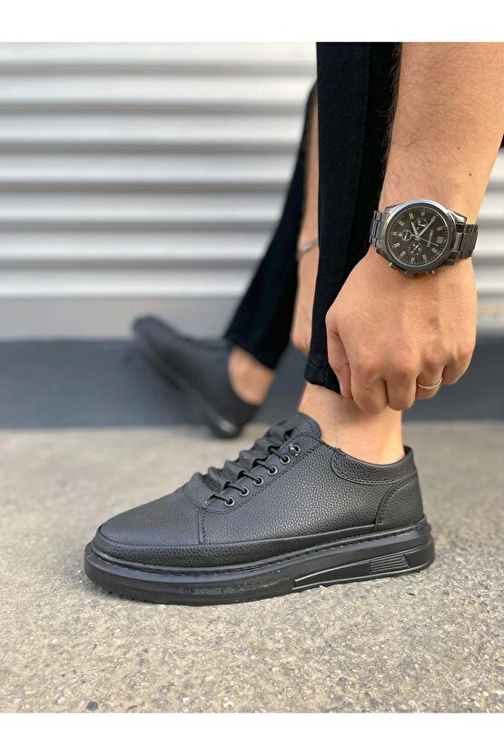 JY0535 Prime Bağcıklı Cilt Erkek Günlük Sneaker Ayakkabı CST - Siyah