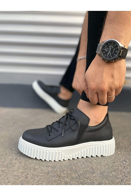 JY502 Bold Bağcıklı Cilt Erkek Günlük Sneaker Ayakkabı CBT - Siyah