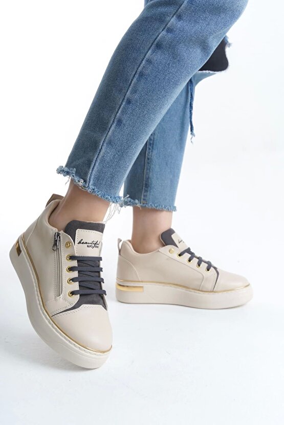 Dına Bağcıklı Fermuarlı Ortopedik Taban Kadın Sneaker Spor Ayakkabı Ckt - Kremgrialtın