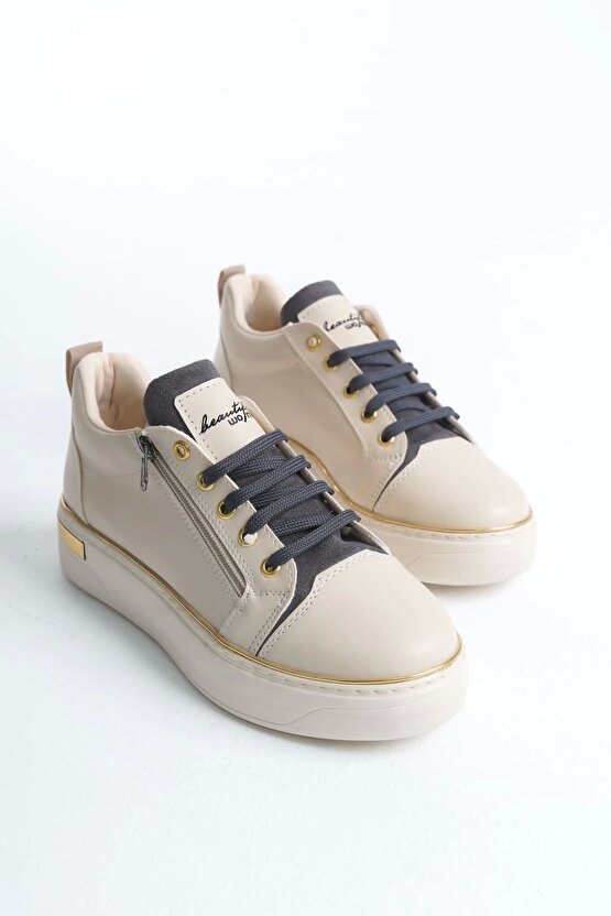 Dına Bağcıklı Fermuarlı Ortopedik Taban Kadın Sneaker Spor Ayakkabı Ckt - Kremgrialtın