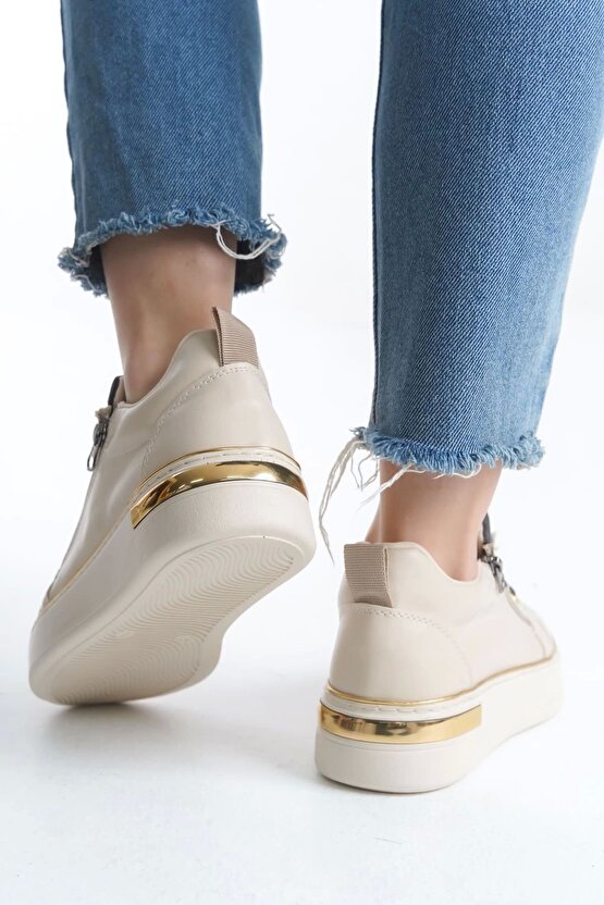 Dına Bağcıklı Fermuarlı Ortopedik Taban Kadın Sneaker Spor Ayakkabı Ckt - Kremgrialtın