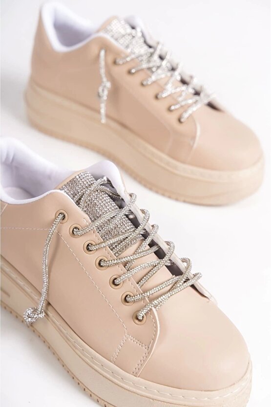 DELLA Bağcıklı Ortopedik Taban Taşlı Kadın Sneaker Spor Ayakkabı CTT - Ten