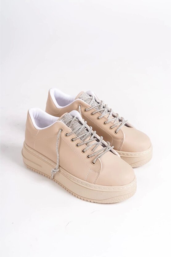 DELLA Bağcıklı Ortopedik Taban Taşlı Kadın Sneaker Spor Ayakkabı CTT - Ten