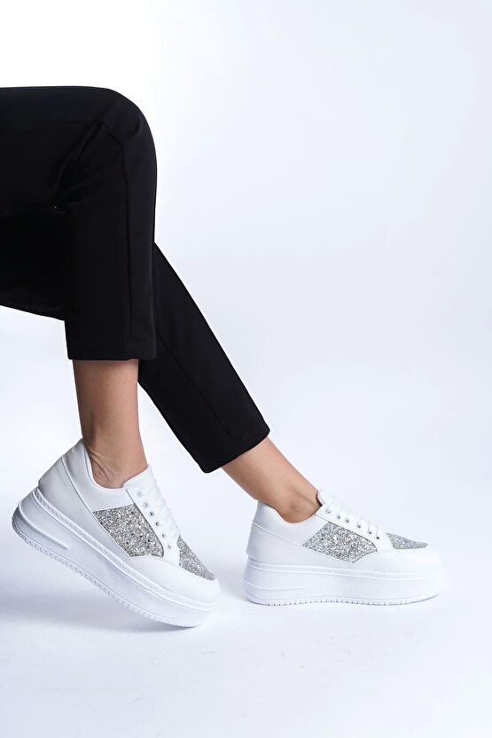 Mıpa Bağcıklı Ortopedik Taban Simli Kadın Sneaker Spor Ayakkabı Cbt - Beyaz