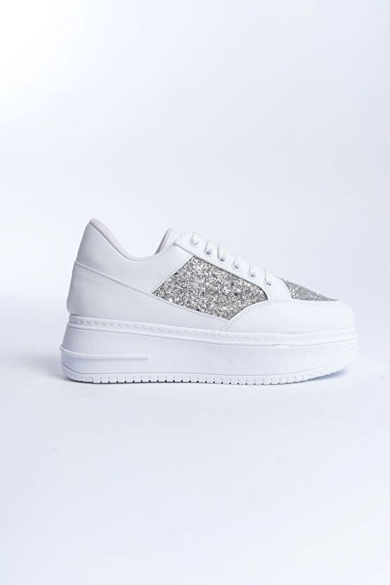 Mıpa Bağcıklı Ortopedik Taban Simli Kadın Sneaker Spor Ayakkabı Cbt - Beyaz