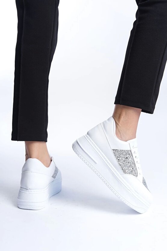 Mıpa Bağcıklı Ortopedik Taban Simli Kadın Sneaker Spor Ayakkabı Cbt - Beyaz