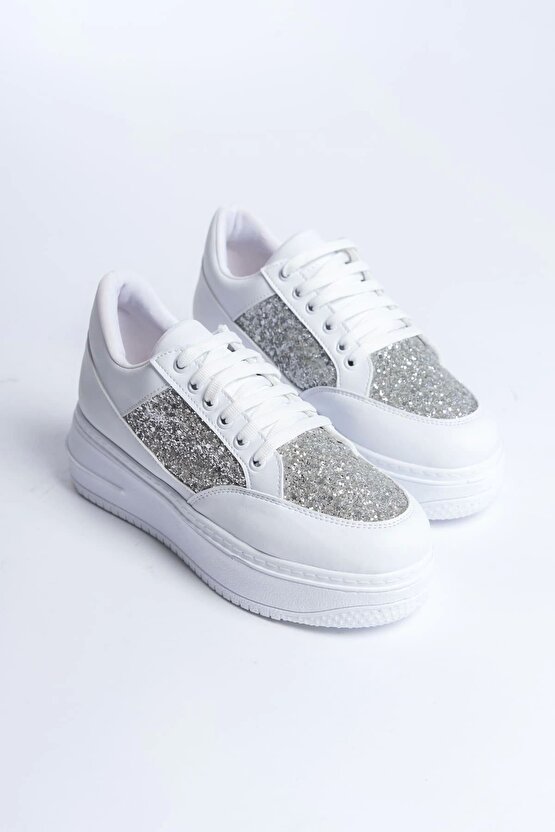Mıpa Bağcıklı Ortopedik Taban Simli Kadın Sneaker Spor Ayakkabı Cbt - Beyaz