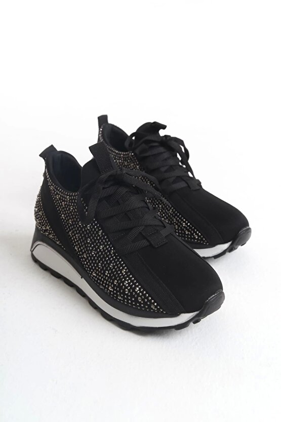 Alya Bağcıklı Ortopedik Taban Taşlı Kadın Sneaker Spor Ayakkabı Cbt - Siyah