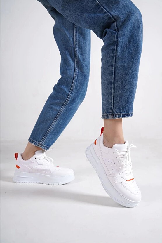 Alessı Bağcıklı Ortopedik Taban Kadın Sneaker Spor Ayakkabı Cbt - Beyazturuncu