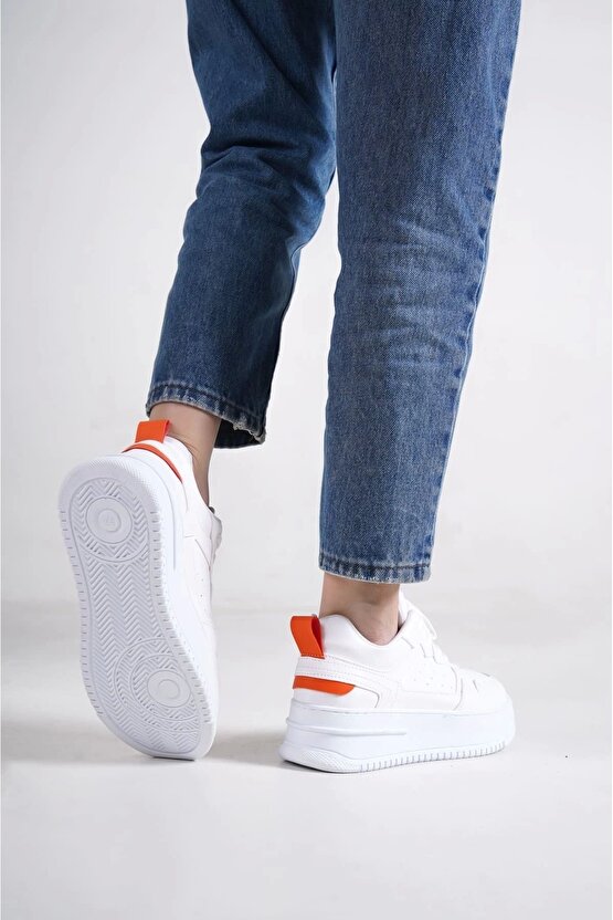 Alessı Bağcıklı Ortopedik Taban Kadın Sneaker Spor Ayakkabı Cbt - Beyazturuncu