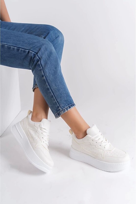 Alessı Bağcıklı Ortopedik Taban Kadın Sneaker Spor Ayakkabı Bt - Kırık Beyaz