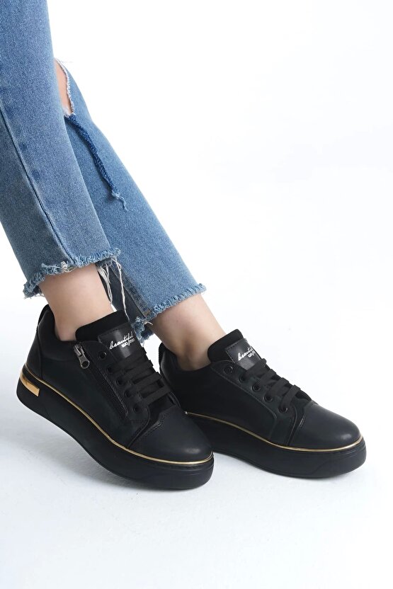 Dına Bağcıklı Fermuarlı Ortopedik Taban Kadın Sneaker Spor Ayakkabı Cst - Siyahaltın