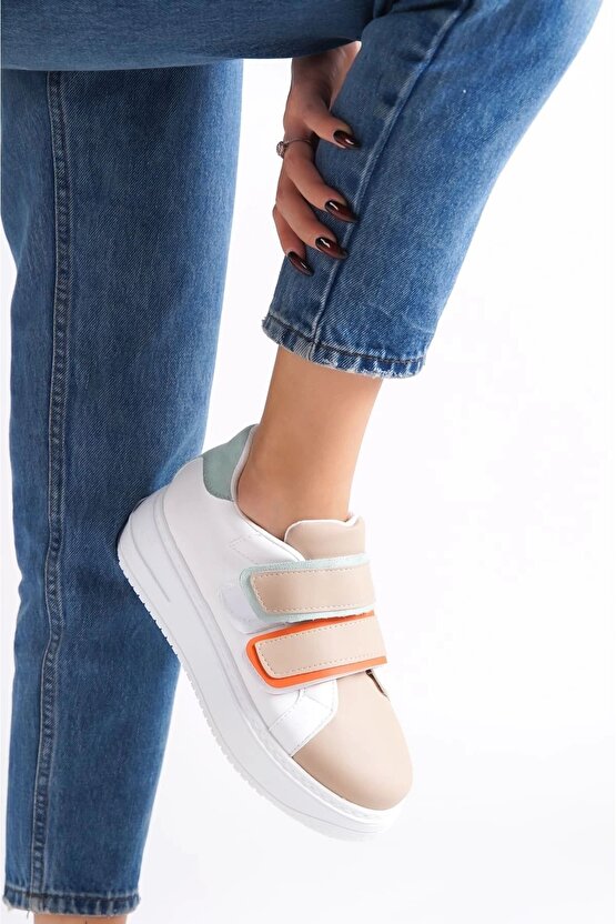 Valencıa Bağcıksız Cırt Cırtlı Ortopedik Taban Kadın Sneaker Spor Ayakkabı Bt - Beyaztenmavi