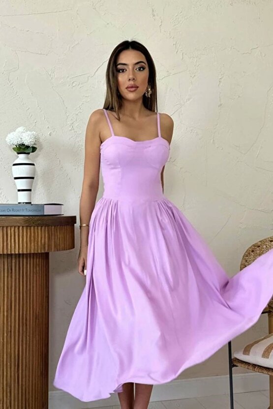 Lila Göğüs Kuplu Uzun Büzgülü Elbise